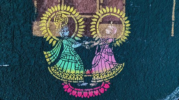 Vrindavan sanjhi, "Stencil art to celebrate the divine couple Radha Krishna" — part 3